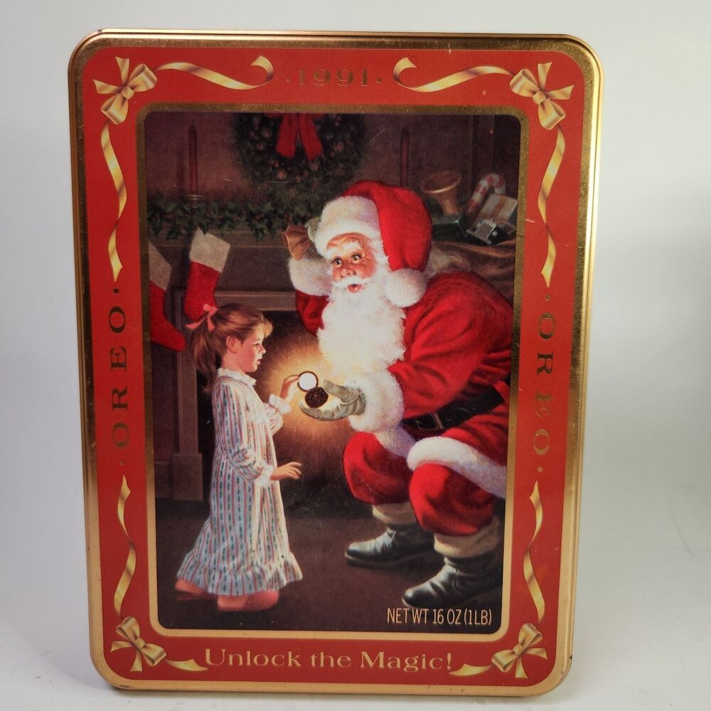 VTG Oreo Christmas Tin‎ 1991 Red Santa Cookie Storage Gift